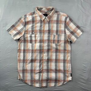 PrAna Mens Plaid Short Sleeve Button Up Shirt Orange Grey M11170301 Sz M Camping
